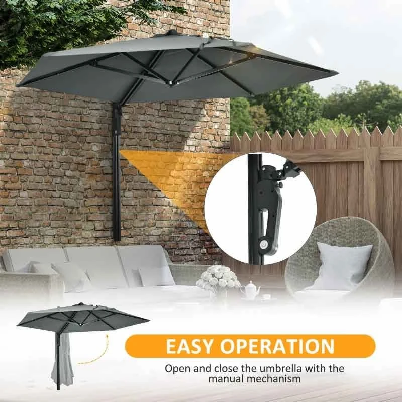 Outsunny Hand To Push Wall Mounted Parasol With 180° Rotatable Canopy - Grey - 84D-210V00GY - Image 7