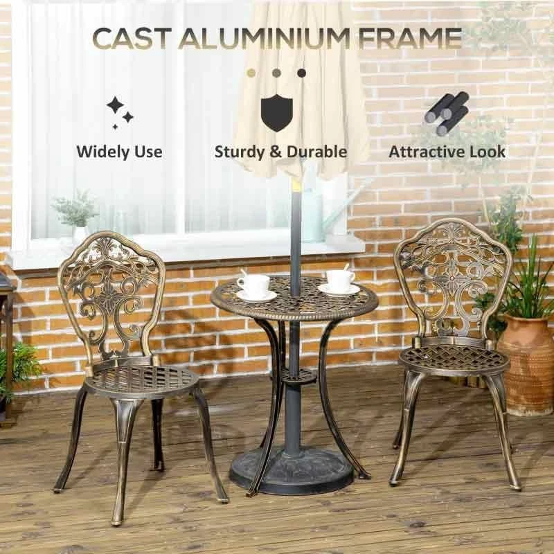 Outsunny 3 Piece Cast Aluminium Bistro Set With Parasol Hole - Bronze - 84G-042V00BN - Image 8
