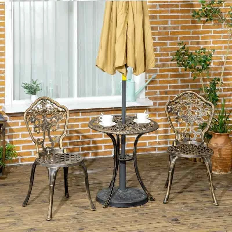 Outsunny 3 Piece Cast Aluminium Bistro Set With Parasol Hole - Bronze - 84G-042V00BN - Image 3