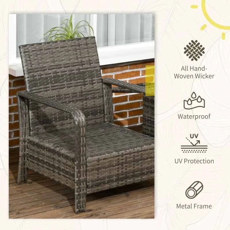 Outsunny 3 Piece PE Rattan Wicker Bistro Set Weave Conservatory Sofa Storage Table With Orange Cushion - Mixed Grey - 860-111V71OG - Image 2