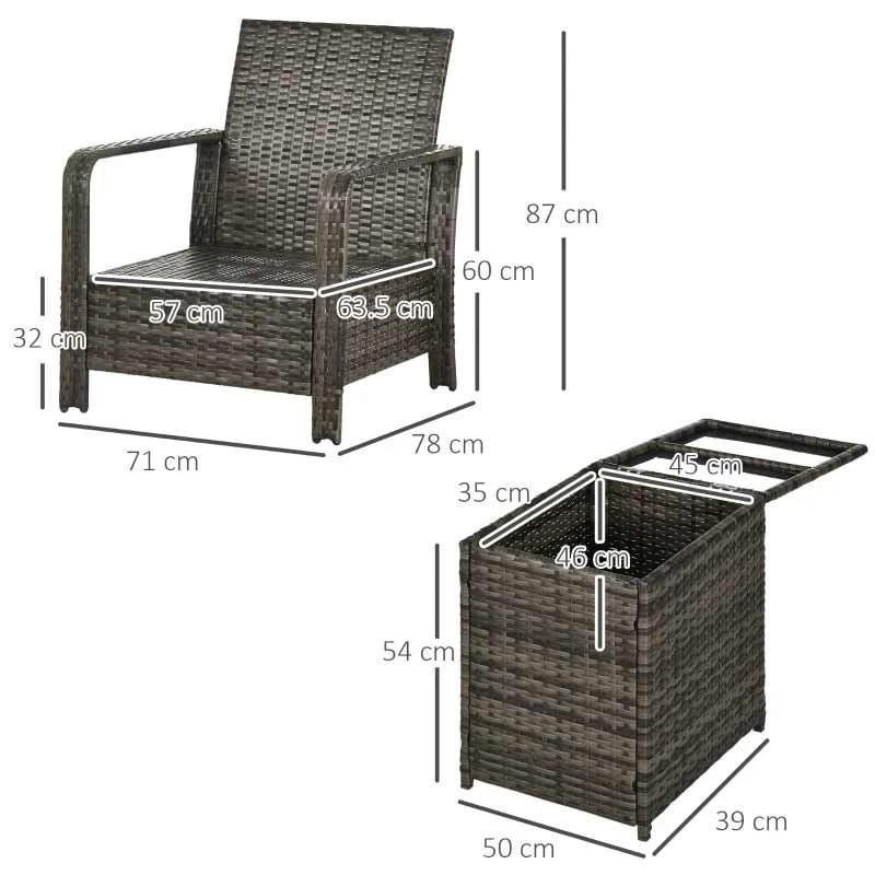 Outsunny 3 Piece PE Rattan Wicker Bistro Set Weave Conservatory Sofa Storage Table With Orange Cushion - Mixed Grey - 860-111V71OG - Image 10