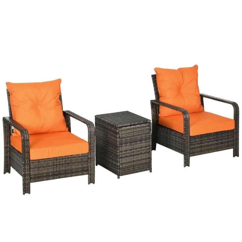 Outsunny 3 Piece PE Rattan Wicker Bistro Set Weave Conservatory Sofa Storage Table With Orange Cushion - Mixed Grey - 860-111V71OG - Image 9