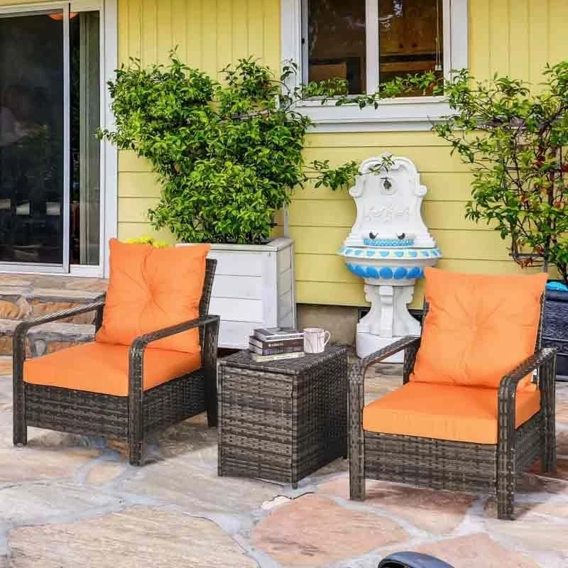 Outsunny 3 Piece PE Rattan Wicker Bistro Set Weave Conservatory Sofa Storage Table With Orange Cushion - Mixed Grey - 860-111V71OG - Image 8