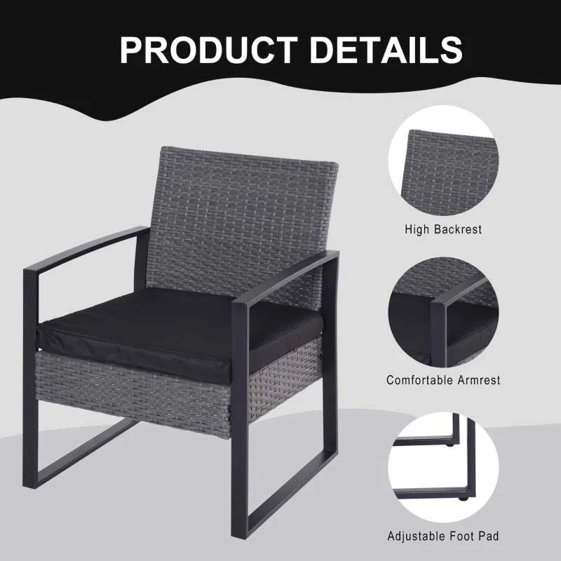 Outsunny 2 Seater Rattan Patio Set With Cushions - Grey / Black - 863-013GY - Image 3