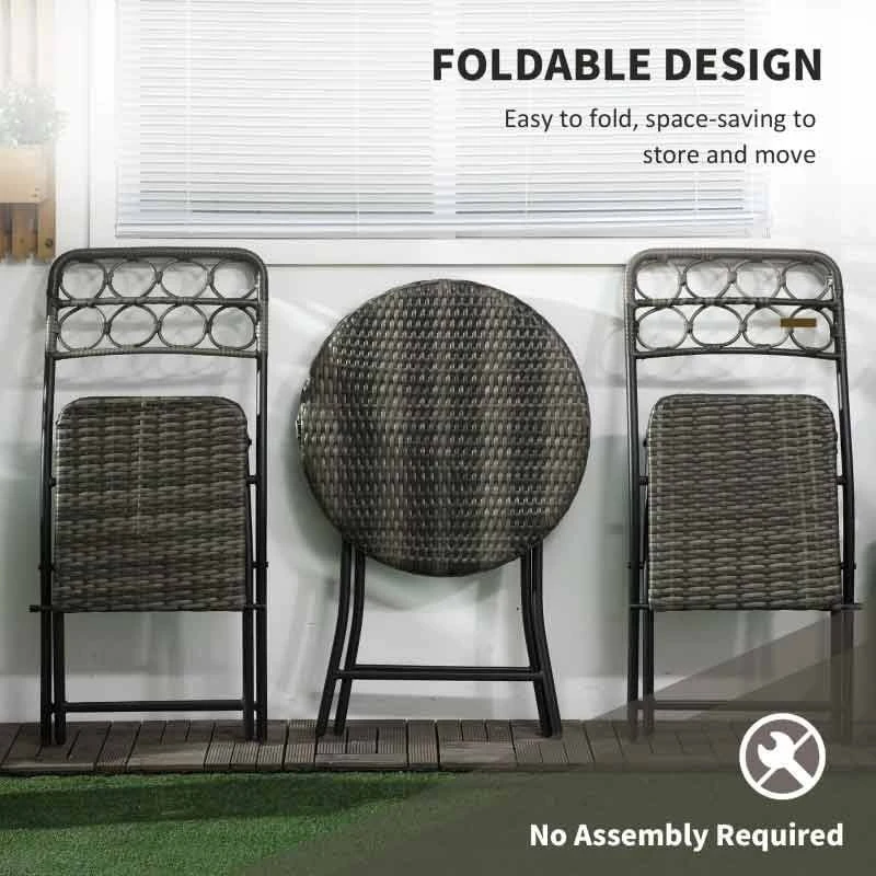 Outsunny 3 Piece Hand Woven Rattan Wicker Bistro Set With Easy Folding - Grey - 863-054V00GG - Image 9