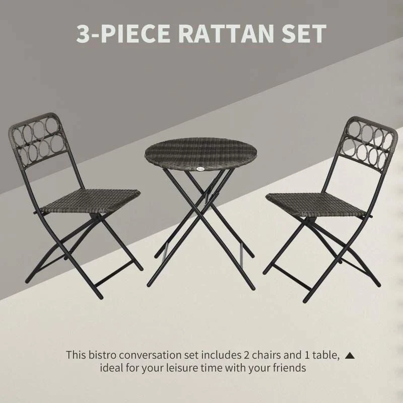 Outsunny 3 Piece Hand Woven Rattan Wicker Bistro Set With Easy Folding - Grey - 863-054V00GG - Image 8
