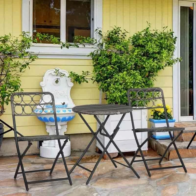 Outsunny 3 Piece Hand Woven Rattan Wicker Bistro Set With Easy Folding - Grey - 863-054V00GG - Image 3