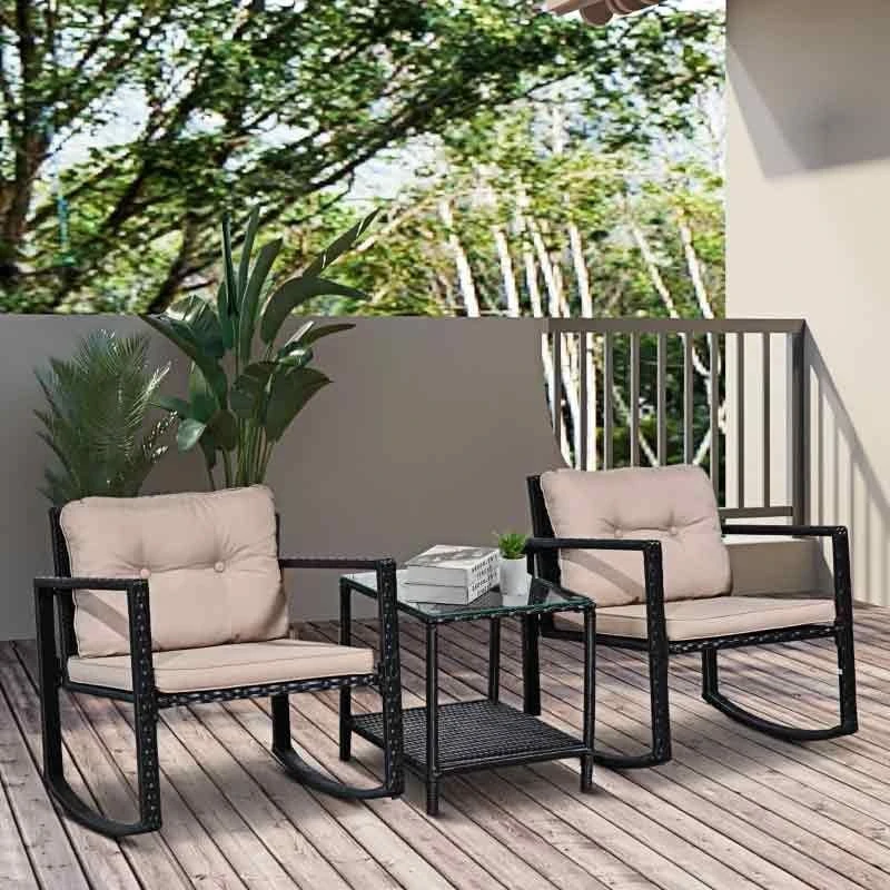 Outsunny 2 Seater Rattan Rocking Bistro Set With Cushion -Black / Beige - 867-036 - Image 9