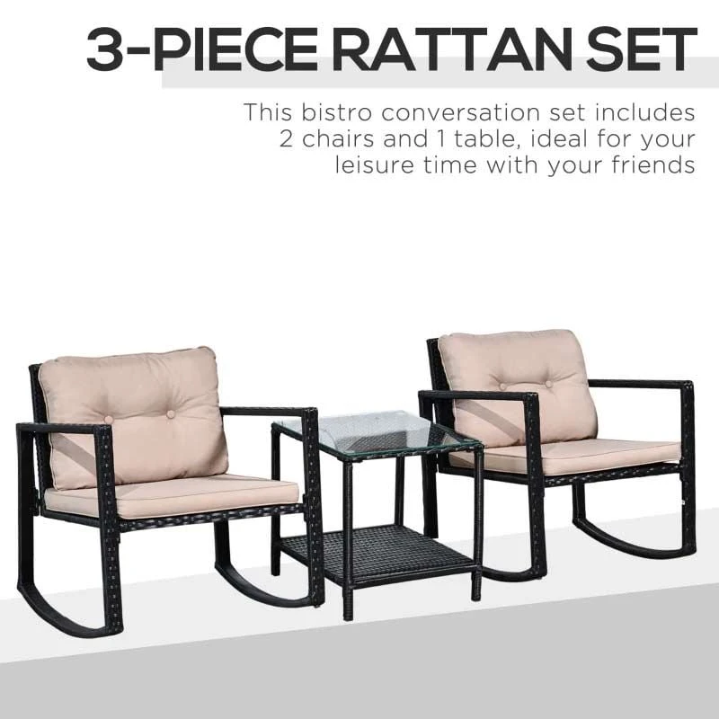Outsunny 2 Seater Rattan Rocking Bistro Set With Cushion -Black / Beige - 867-036 - Image 5