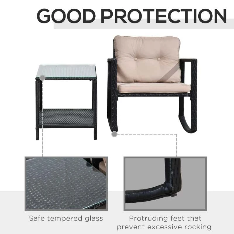 Outsunny 2 Seater Rattan Rocking Bistro Set With Cushion -Black / Beige - 867-036 - Image 4