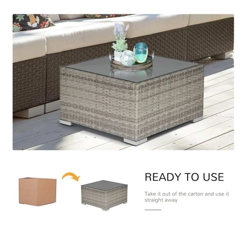 Outsunny Square Rattan Coffee Table With Glass Table Top - 650mm - Light Grey - 867-069GY - Image 10