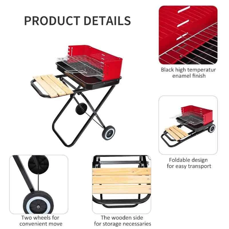 Outsunny Folding Charcoal BBQ Trolley With Two Wheels - Red/Black - 01-0559 - Image 10