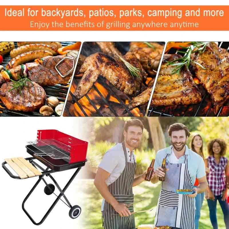 Outsunny Folding Charcoal BBQ Trolley With Two Wheels - Red/Black - 01-0559 - Image 9