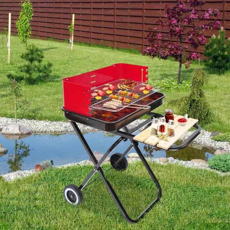 Outsunny Folding Charcoal BBQ Trolley With Two Wheels - Red/Black - 01-0559 - Image 2