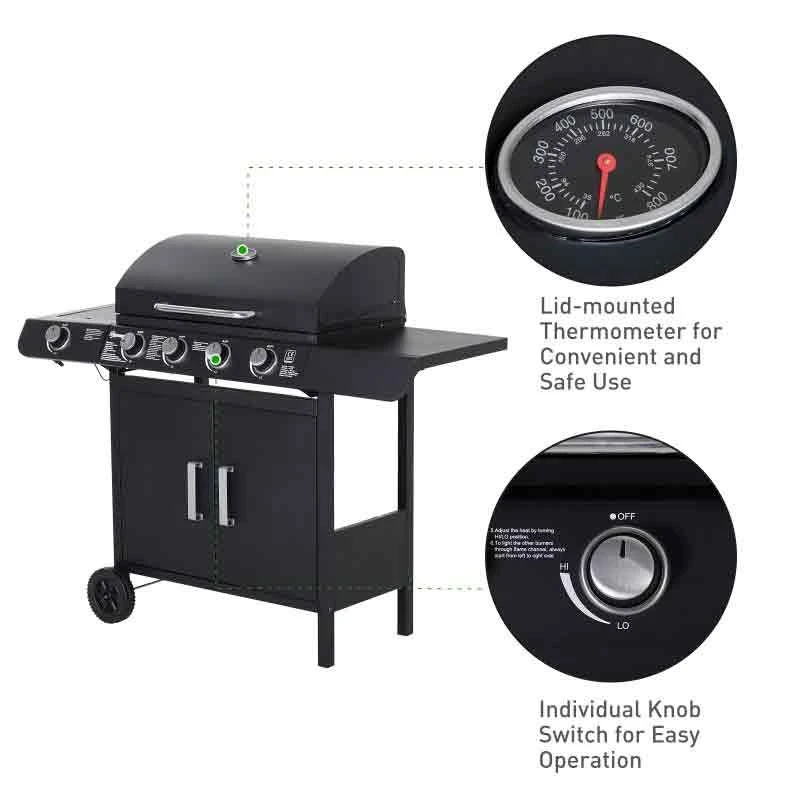 Outsunny 4+1 Deluxe Steel Gas BBQ Grill With Two Wheels - Black - 846-016 - Image 10