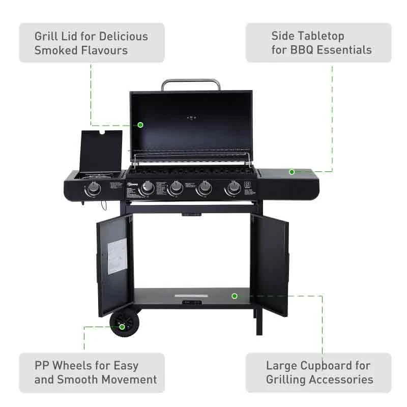 Outsunny 4+1 Deluxe Steel Gas BBQ Grill With Two Wheels - Black - 846-016 - Image 9