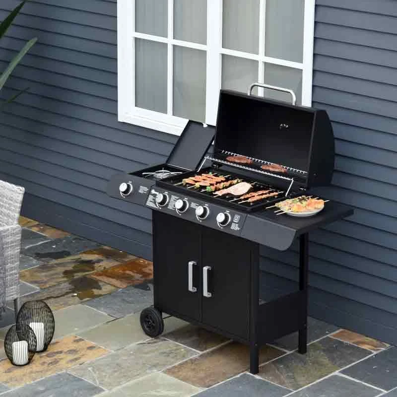 Outsunny 4+1 Deluxe Steel Gas BBQ Grill With Two Wheels - Black - 846-016 - Image 6