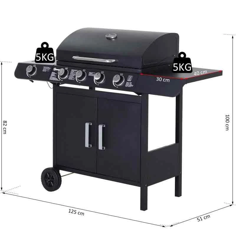 Outsunny 4+1 Deluxe Steel Gas BBQ Grill With Two Wheels - Black - 846-016 - Image 5