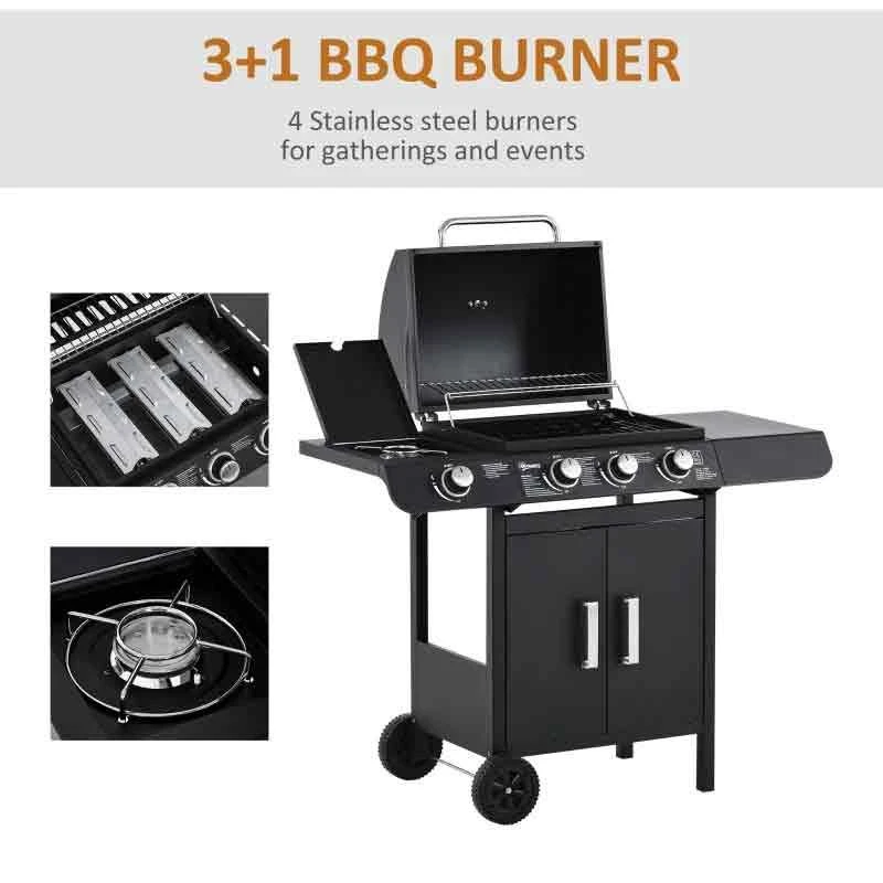 Outsunny 3+1 Deluxe Gas BBQ Grill With Two Wheels - Black - 846-064 - Image 8