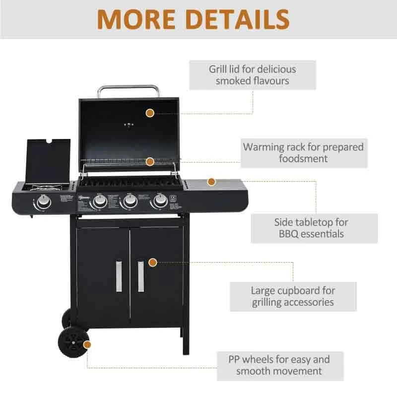 Outsunny 3+1 Deluxe Gas BBQ Grill With Two Wheels - Black - 846-064 - Image 10