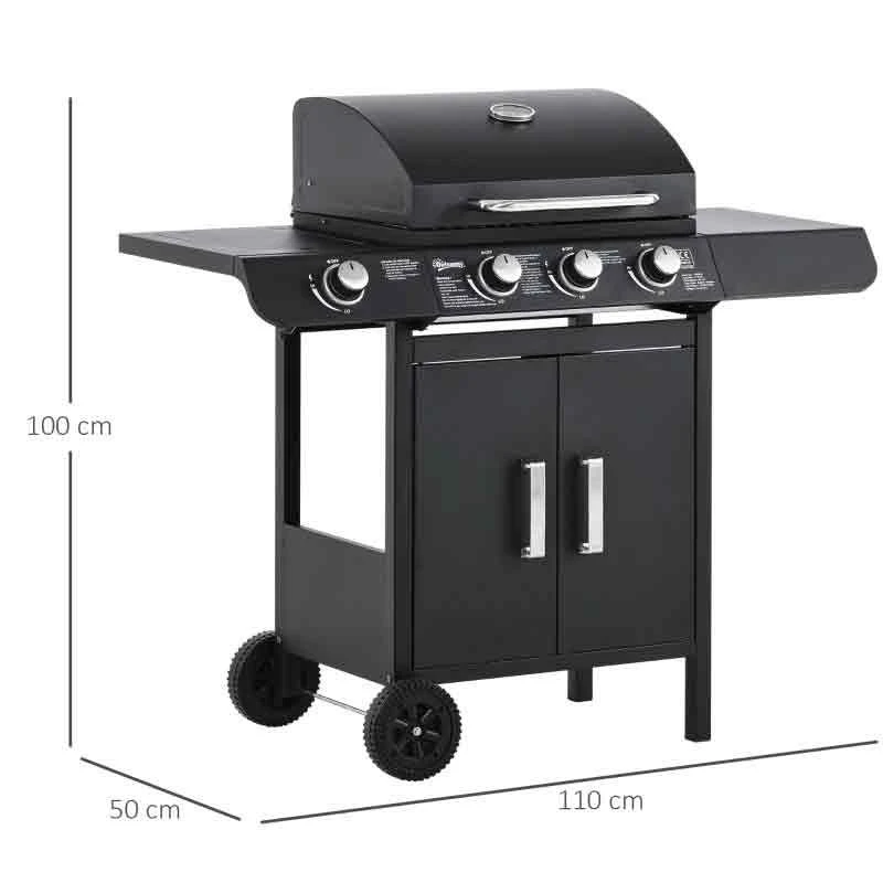 Outsunny 3+1 Deluxe Gas BBQ Grill With Two Wheels - Black - 846-064 - Image 4