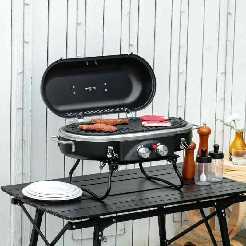 Outsunny Foldable Gas BBQ Grill With Two Burners & Piezo Ignition - Black - 846-072 - Image 2