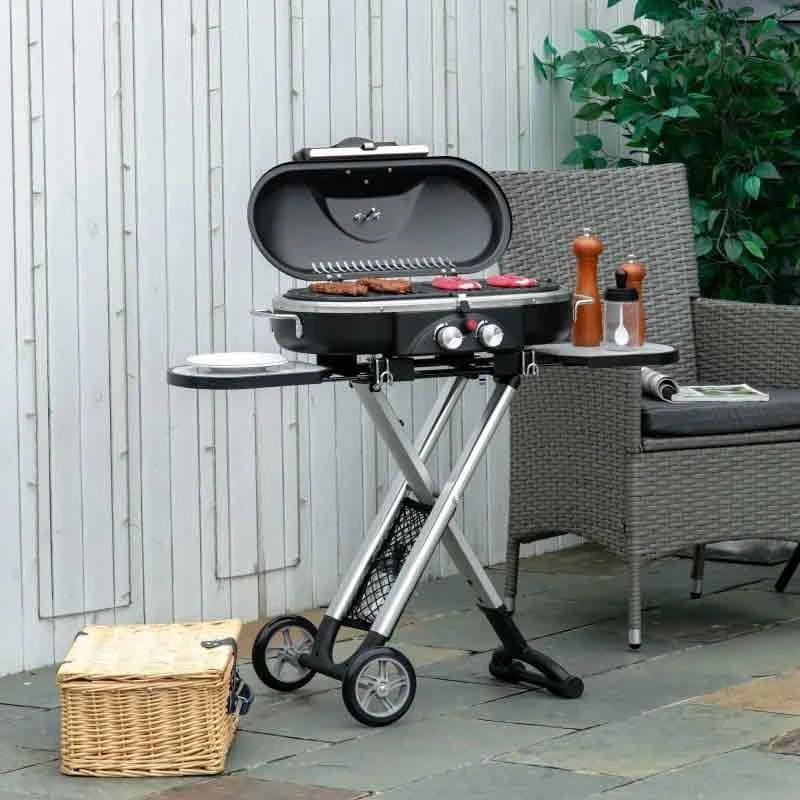 Outsunny Foldable Gas BBQ Grill Trolley With Two Burners & Piezo Ignition - Black - 846-074