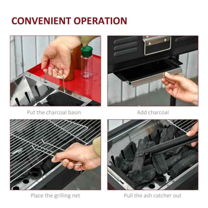 Outsunny Portable Charcoal Grill BBQ With Shelves - Red/Black - 846-076 - Image 9