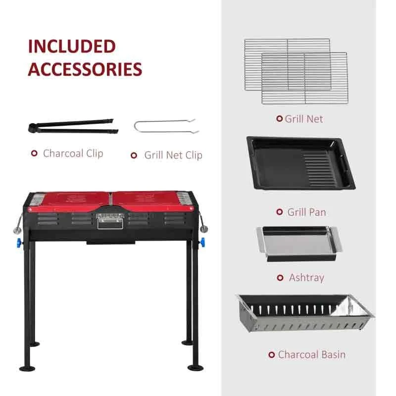 Outsunny Portable Charcoal Grill BBQ With Shelves - Red/Black - 846-076 - Image 10