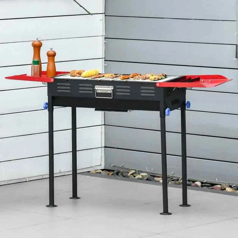 Outsunny Portable Charcoal Grill BBQ With Shelves - Red/Black - 846-076