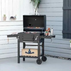 Outsunny Charcoal Grill BBQ Trolley With Folding Shelves - Black - 846-077