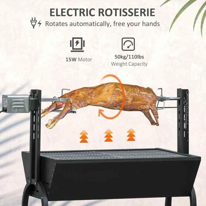 Outsunny Outdoor Electric Charcoal BBQ Rotisserie Grill With Four Wheels - Black - 846-078V70 - Image 7