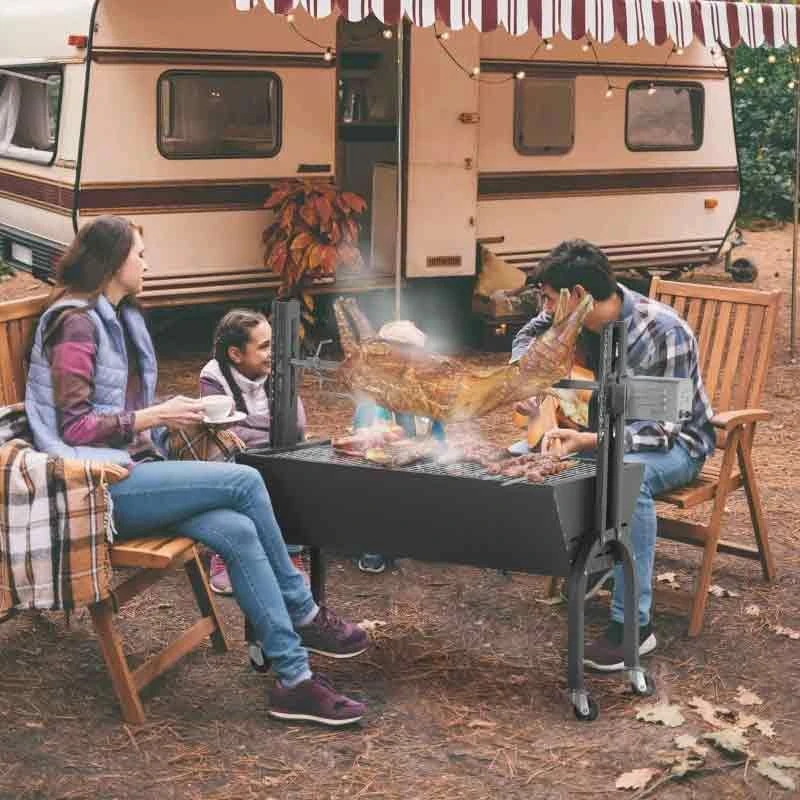 Outsunny Outdoor Electric Charcoal BBQ Rotisserie Grill With Four Wheels - Black - 846-078V70 - Image 2