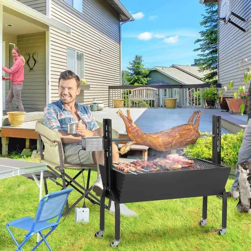 Outsunny Outdoor Electric Charcoal BBQ Rotisserie Grill With Four Wheels - Black - 846-078V70