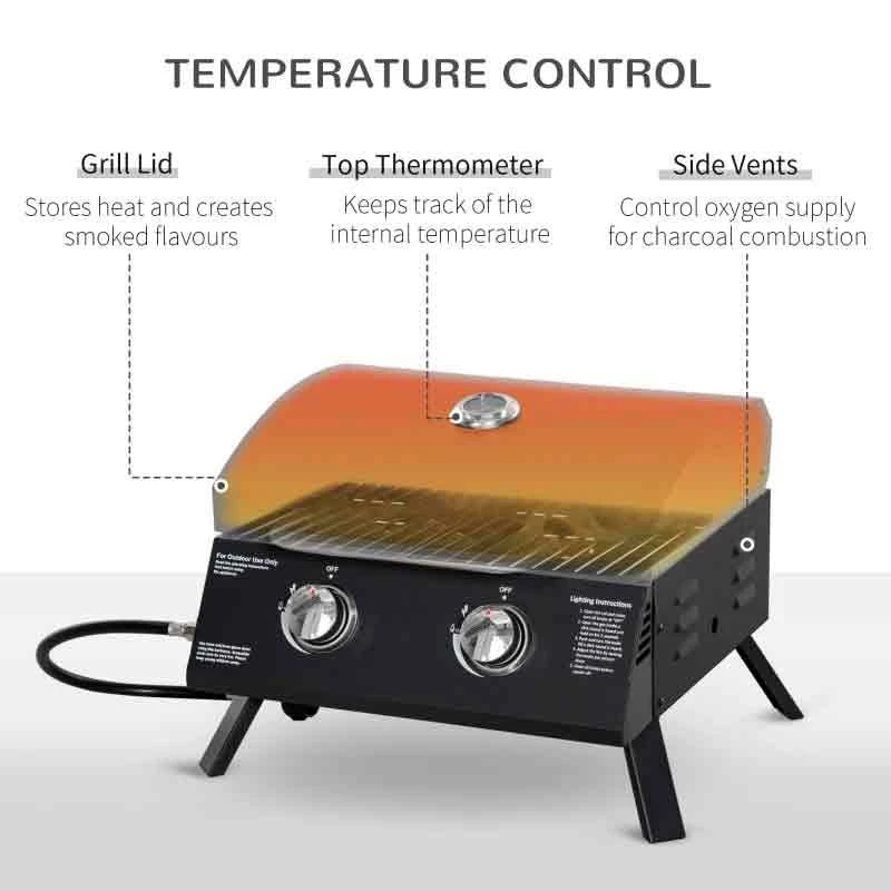 Outsunny Foldable Gas BBQ Grill With Two Burners & Thermometer - Black - 846-104V70BK - Image 10