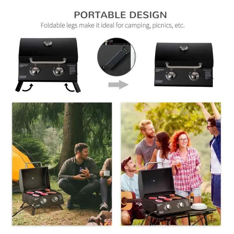 Outsunny Foldable Gas BBQ Grill With Two Burners & Thermometer - Black - 846-104V70BK - Image 9