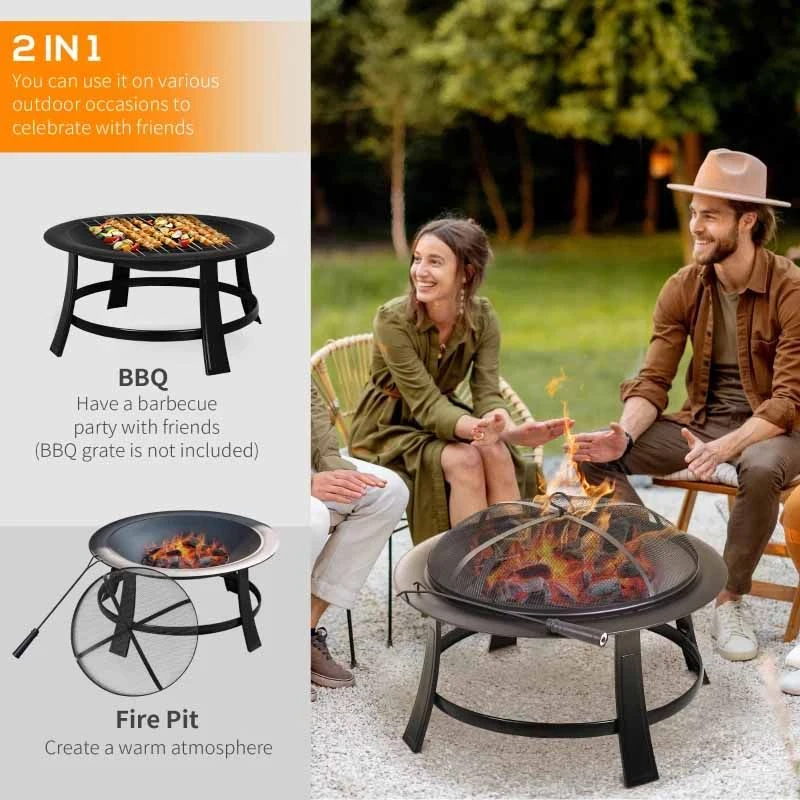 Outsunny 30" Round Metal Fire Pit With Cover - Black - 842-079 - Image 9
