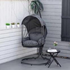 Outsunny Retractable Canopy Hanging Egg Chair With Cushion - Grey - 84A-212