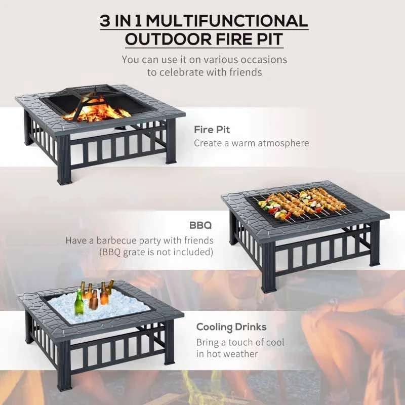 Outsunny Square Metal Fire Pit With Waterproof Cover/Grey - Black - 842-073 - Image 9